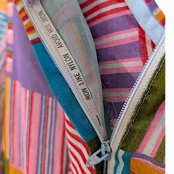 vintage 70's handmade metal zipper pastel rainbow patchwork madras midi dress - Picture 10 of 11
